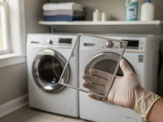 Guilford Dryer Vent Cleaning specialist performing detailed lint trap cleaning service in Guilford