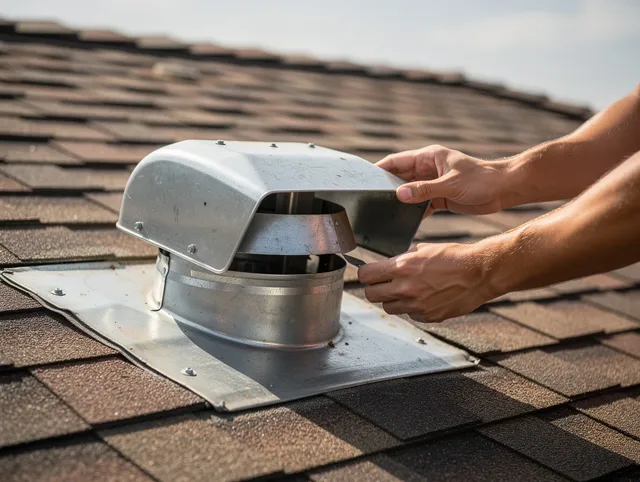 Guilford Dryer Vent Cleaning certified technician safely cleaning a roof-mounted dryer vent in Guilford