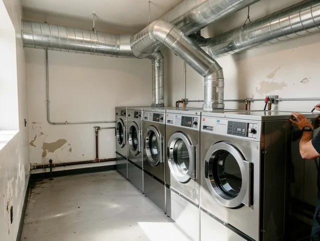 Guilford Dryer Vent Cleaning team performing large-scale commercial dryer vent cleaning in Guilford