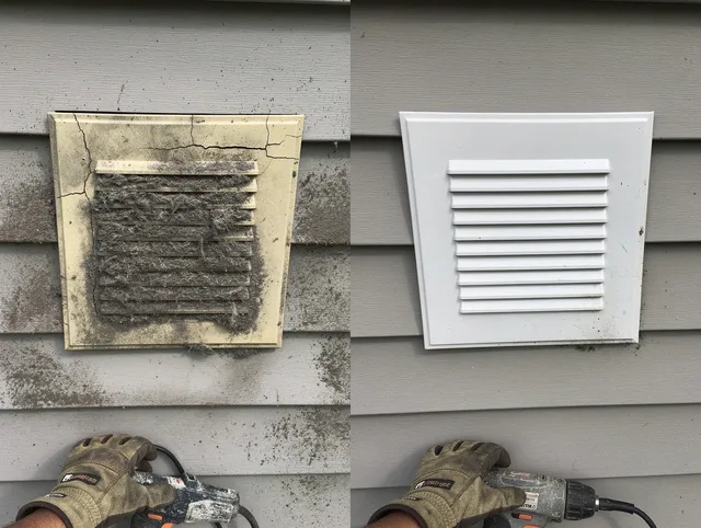 Guilford Dryer Vent Cleaning technician installing high-quality dryer vent cover at a residential property in Guilford