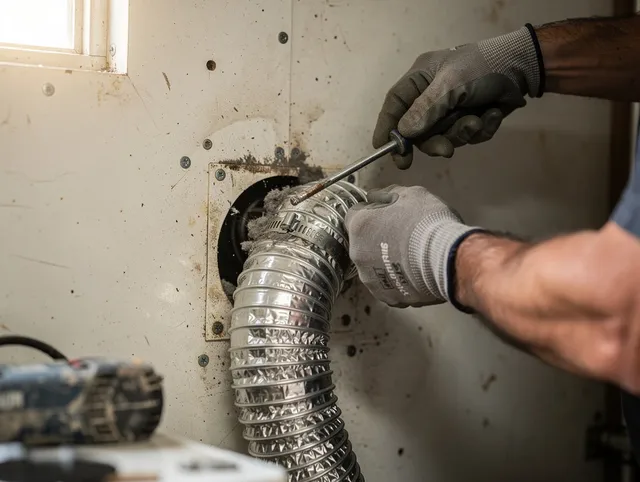 Guilford Dryer Vent Cleaning technician performing precise dryer vent hose installation in Guilford